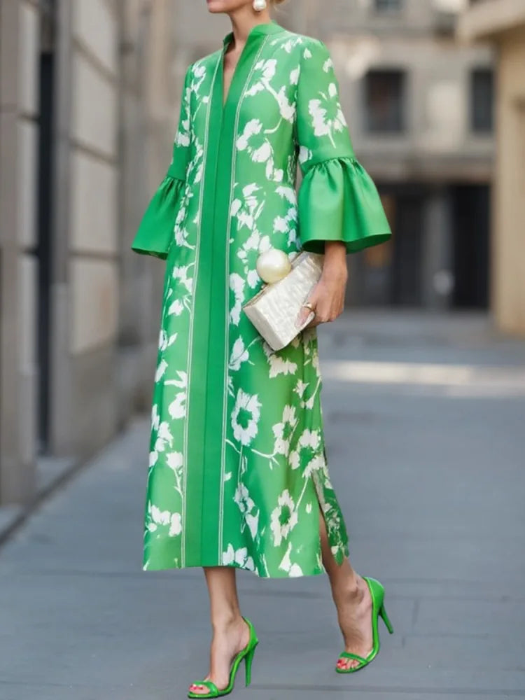 Gymystars Elegant Party Dresses V-Neck Maxi Dresses for Women Fashion Flared Sleeves Flower Print Casual Vacation Green Dresses