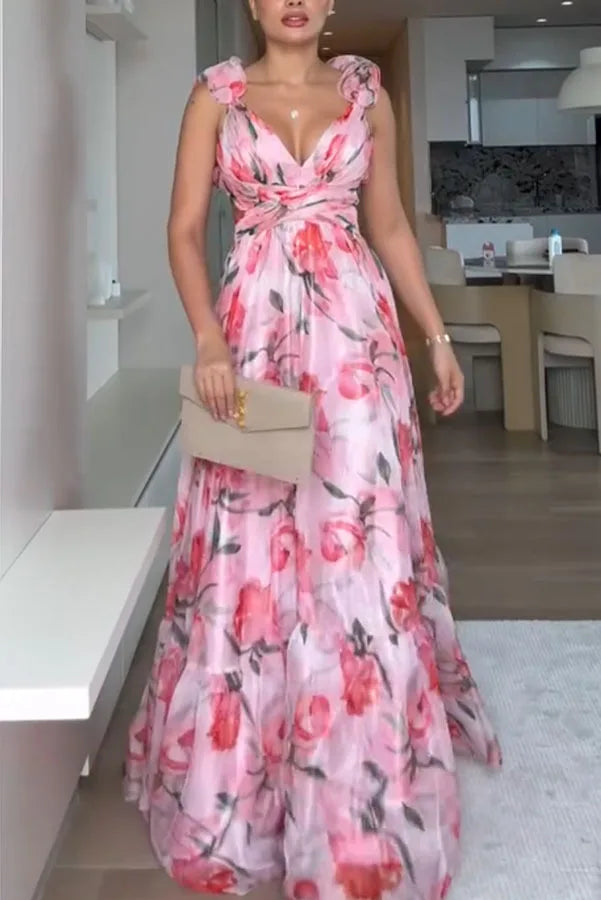 2025 Sexy Printed Chiffon Long Dress Summer Fashion Elegant V Neck Ruffles Edge Slim Vacation Sleeveless Backless Party Dresses