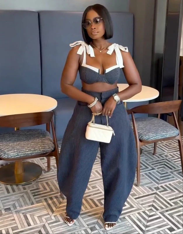 Striped Bow Crop Top And Wide Leg Pants Set For Women