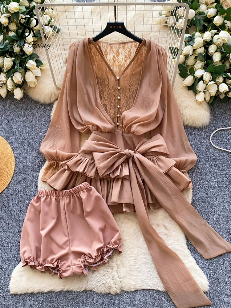 Lace Chiffon Mini Dress With Ruffles and Shorts for Women