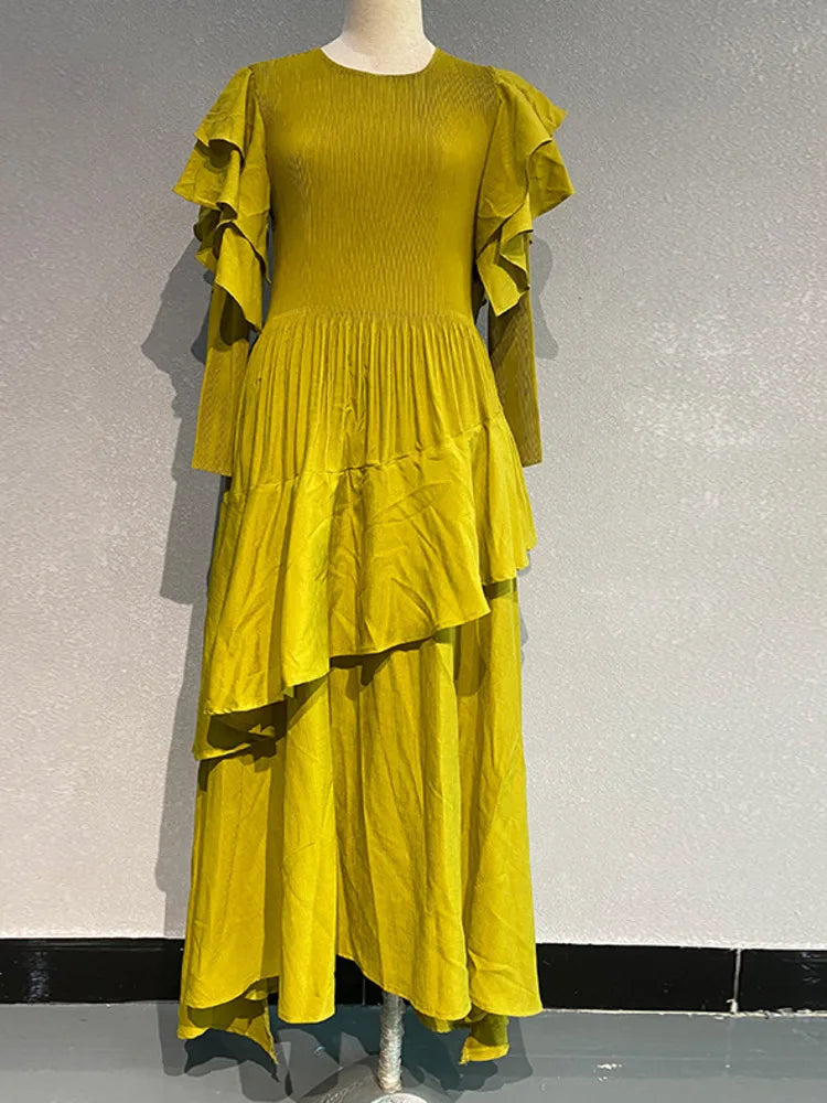 Pleated Tiered Long Sleeve Maxi Dress