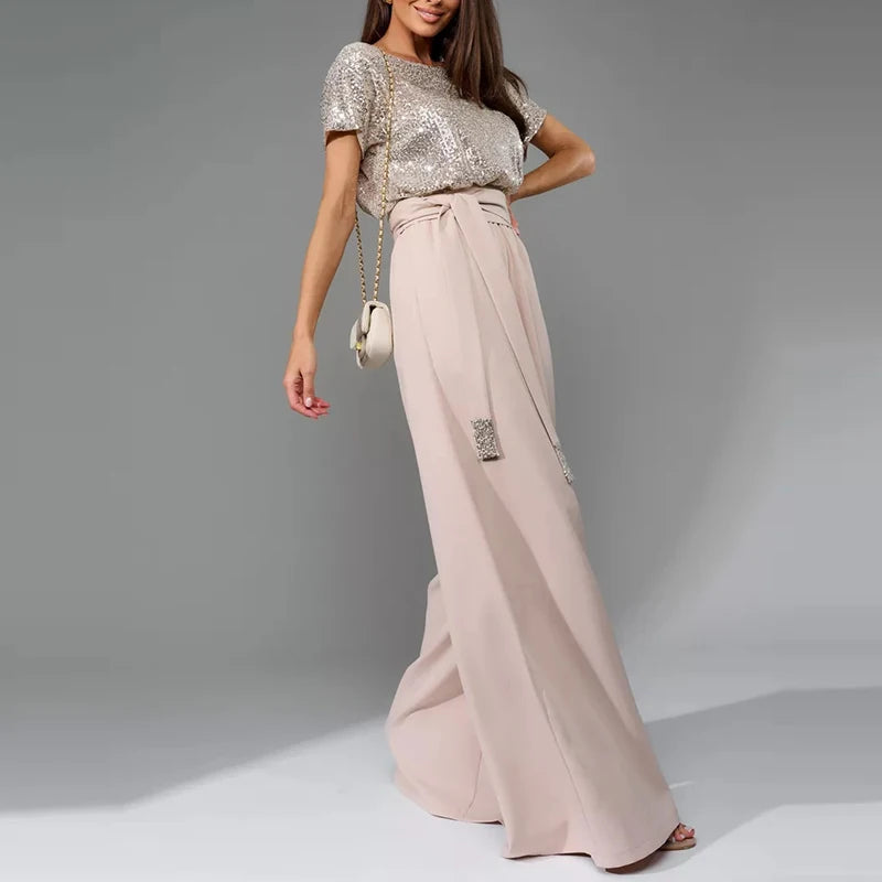 Sequin Patchwork High Waist Jumpsuit with Short Sleeves for Women