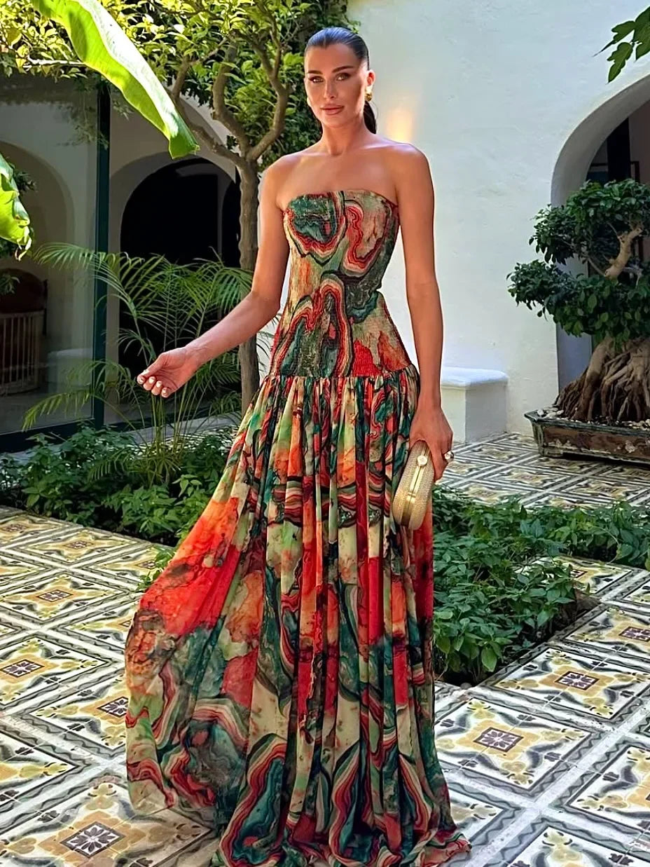 Strapless Pleated Waist Printed Cocktail Dress For Women