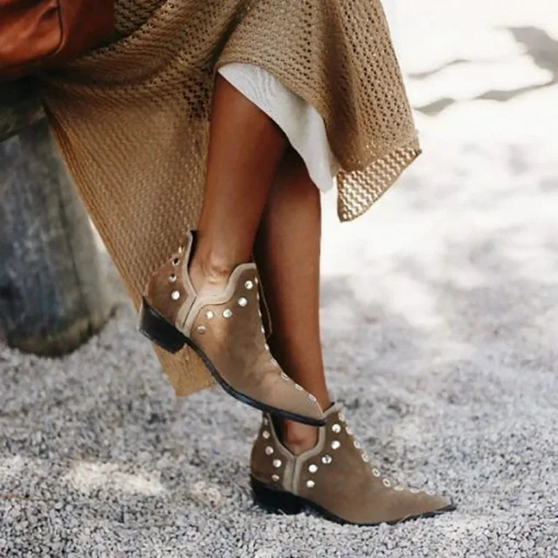 Slip On Pointed Toe Rivets Ankle Boots