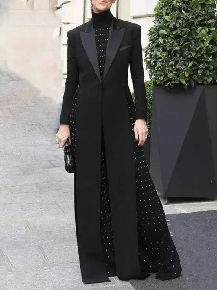 Bonboho 2026 Women's Elegant Blazer Jacket Solid Black Slim Long Sleeve Extra-Long Splited Blazer Coat Female Formal Outerwear