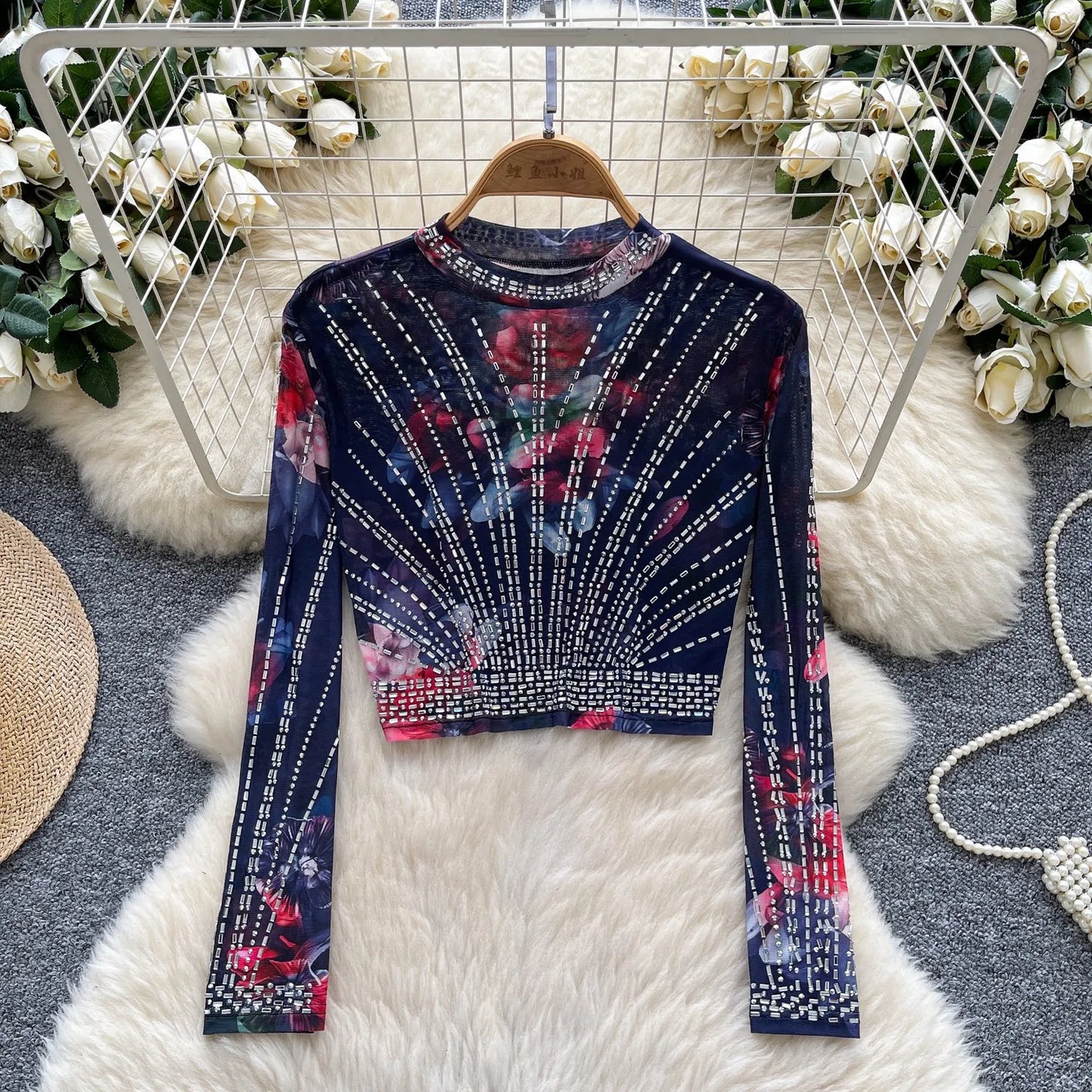 Leopard Print Rhinestone Mesh Long Sleeve Crop Top for Women