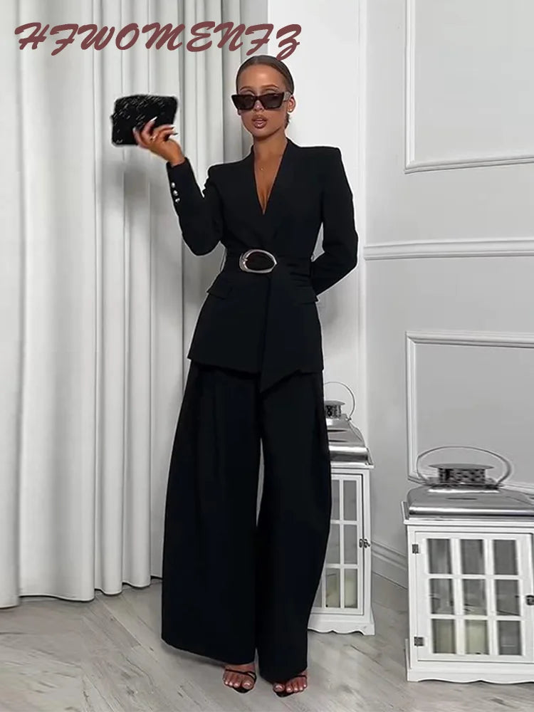Elegant Solid Two Piece Blazer Pants Set for Women