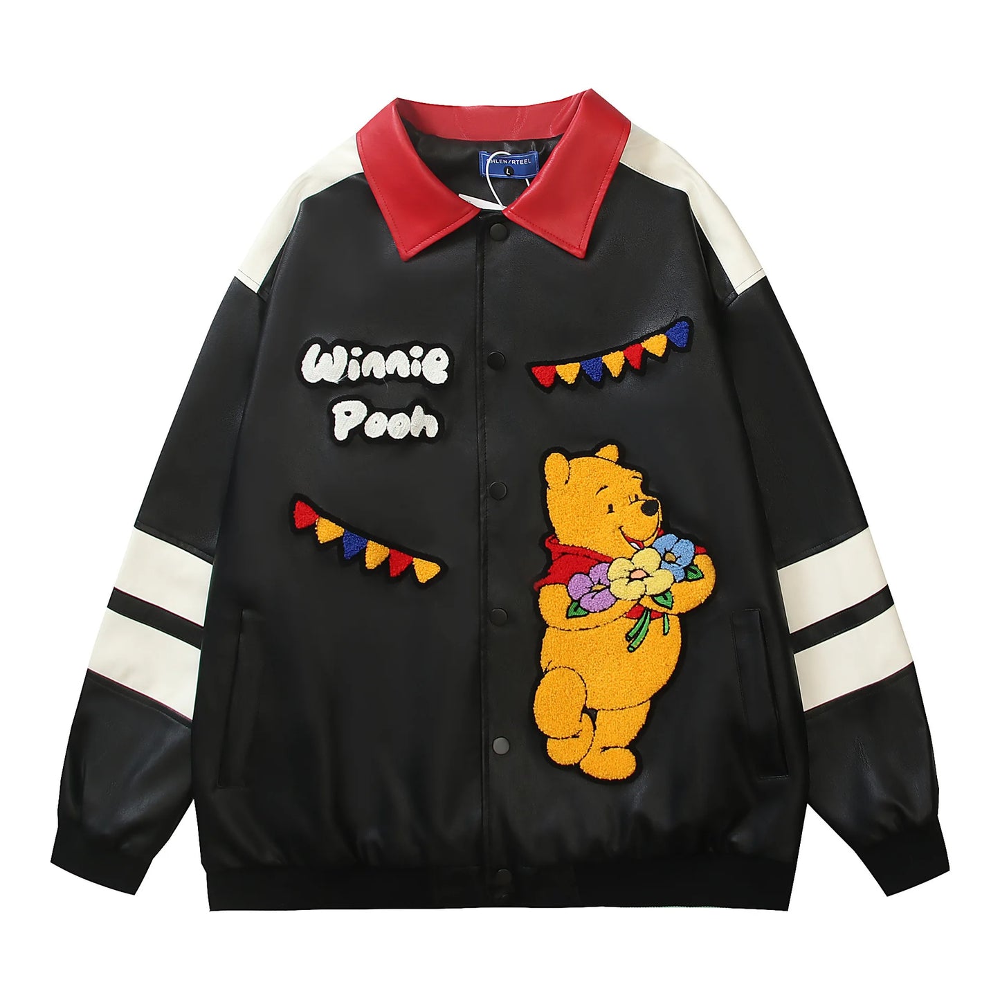 American Retro Bear PU Leather Jacket for Women Autumn and Winter Casual Loose Top Loose-Fitting Casual Couple Leather Jacke