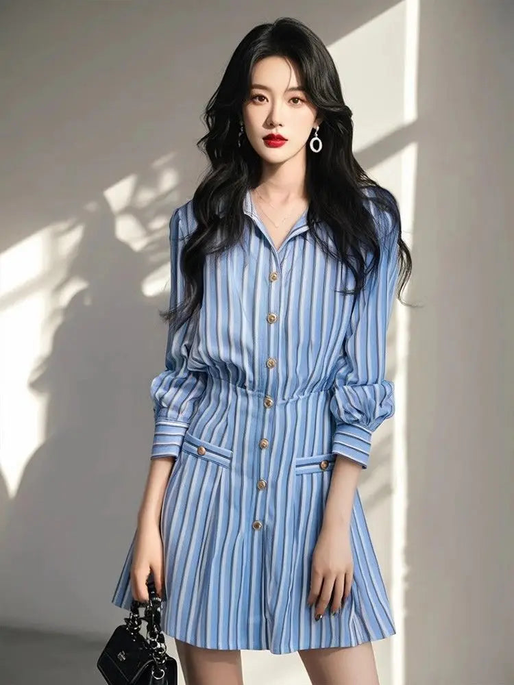 Blue and White Striped Korean Style Dress for Women
