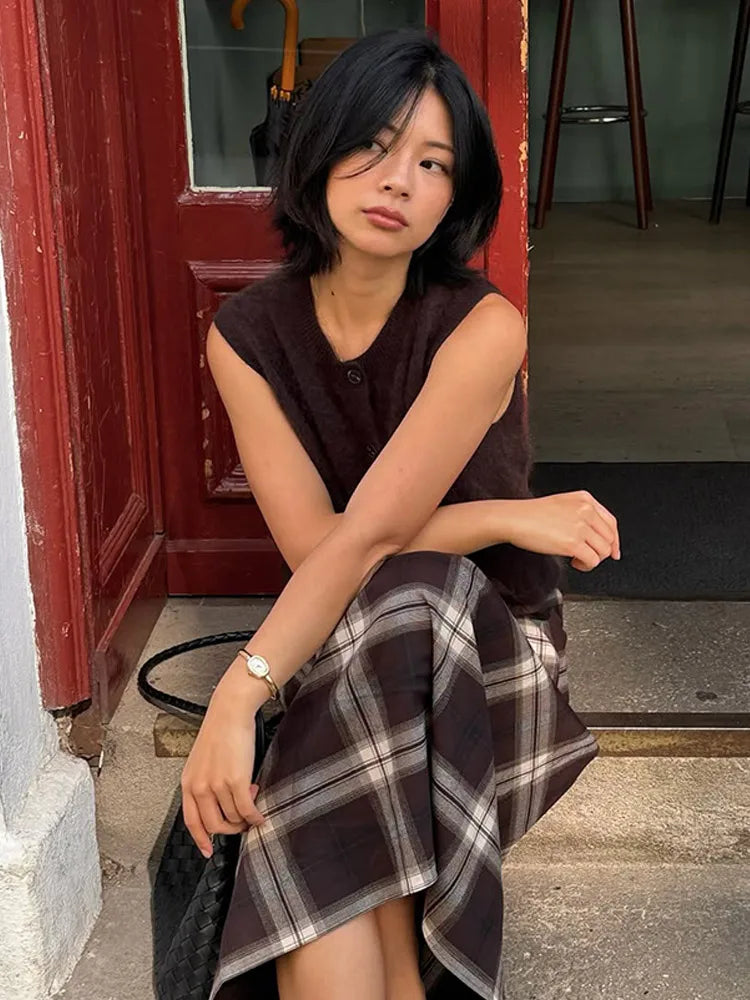 Women Checked Midi Skirt Fashion Casual Pleated Irregular High Waist Slim Mid-length Bottom Lady Daily New Commute Street Skirts