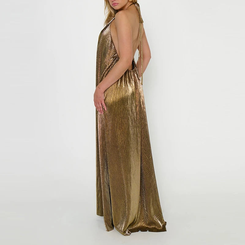 Metallic Halter Hollow Out Pleated Maxi Dress for Women