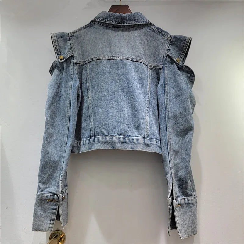 Hollow Out Short Denim Jacket With Metal Buckle Buttons For Women