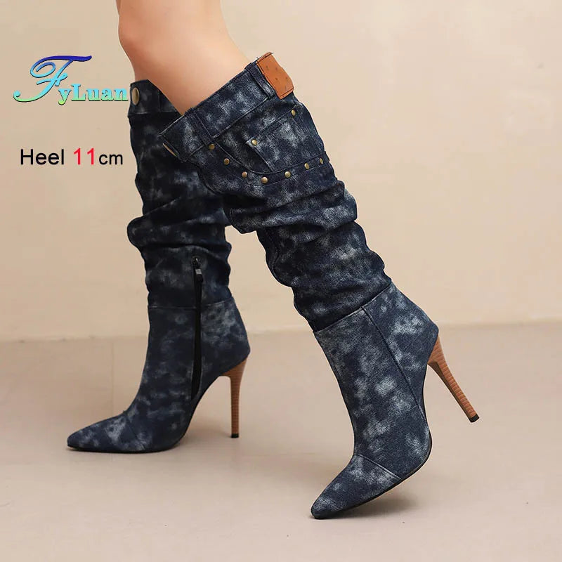 Fashion Knee High Pointed Pleated Denim Boots With Stiletto Heels For Women