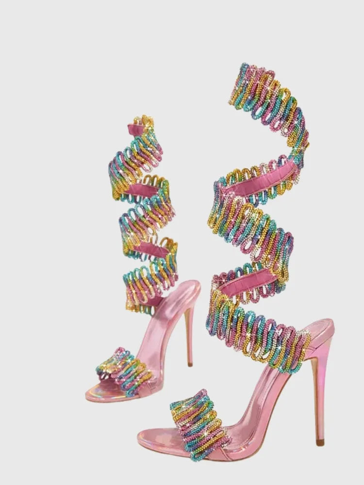 Rhinestone Snake Wrap Around Ankle Open Toe High Heel Sandals for Women