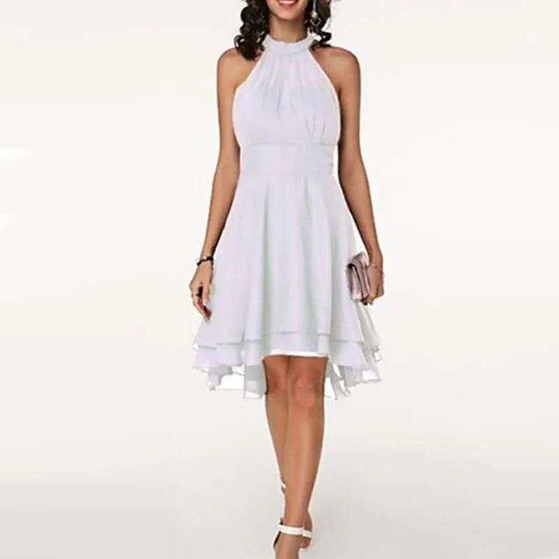 Elegant Sleeveless Halter Neck Chiffon Midi Dress for Women