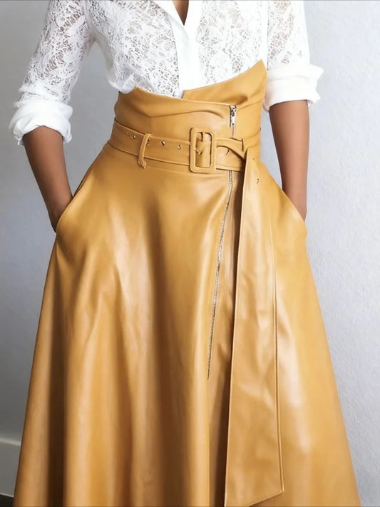 Gymystars Japanese Vintage Clothes Zipper PU Long Skirts Fashion Loose Pockets Solid Color High Waisted Maxi Skirt with Belt