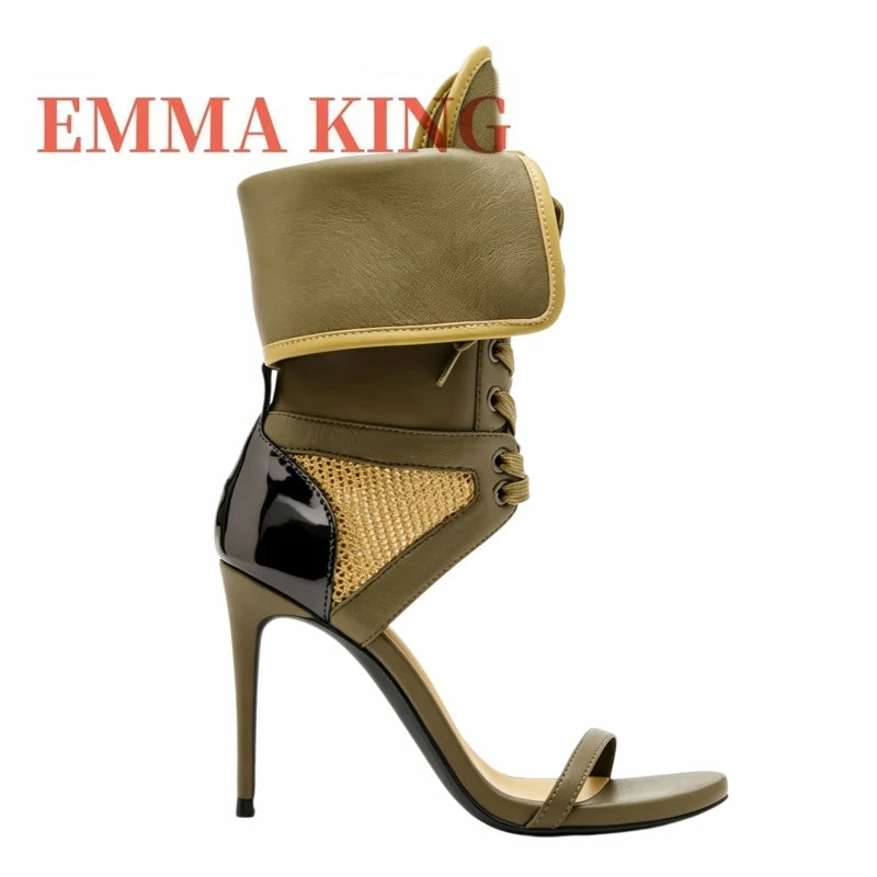 Green Fold-Over Lace-Up Open Toe Cutout Mesh Sandals for Women
