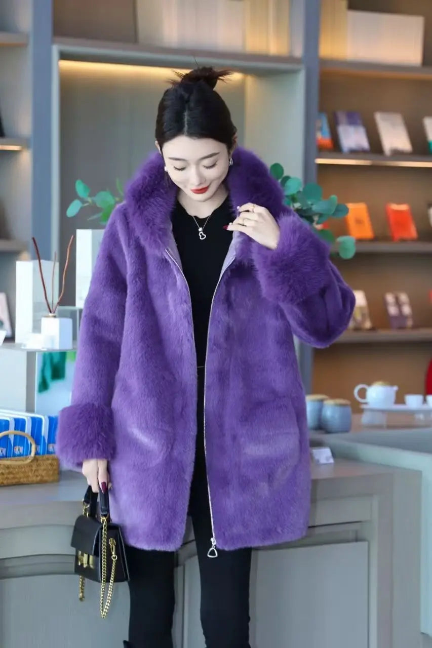Faux Mink Fur Coat for Women,Zippers Jacket,Female Clothes,Fur Collar,Thick Warm,Autumn and Winter,2025