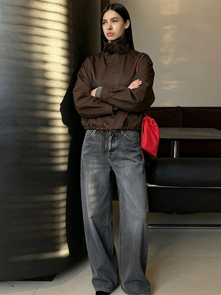 Casual Solid Jacket With Stand Collar And Pockets for Women