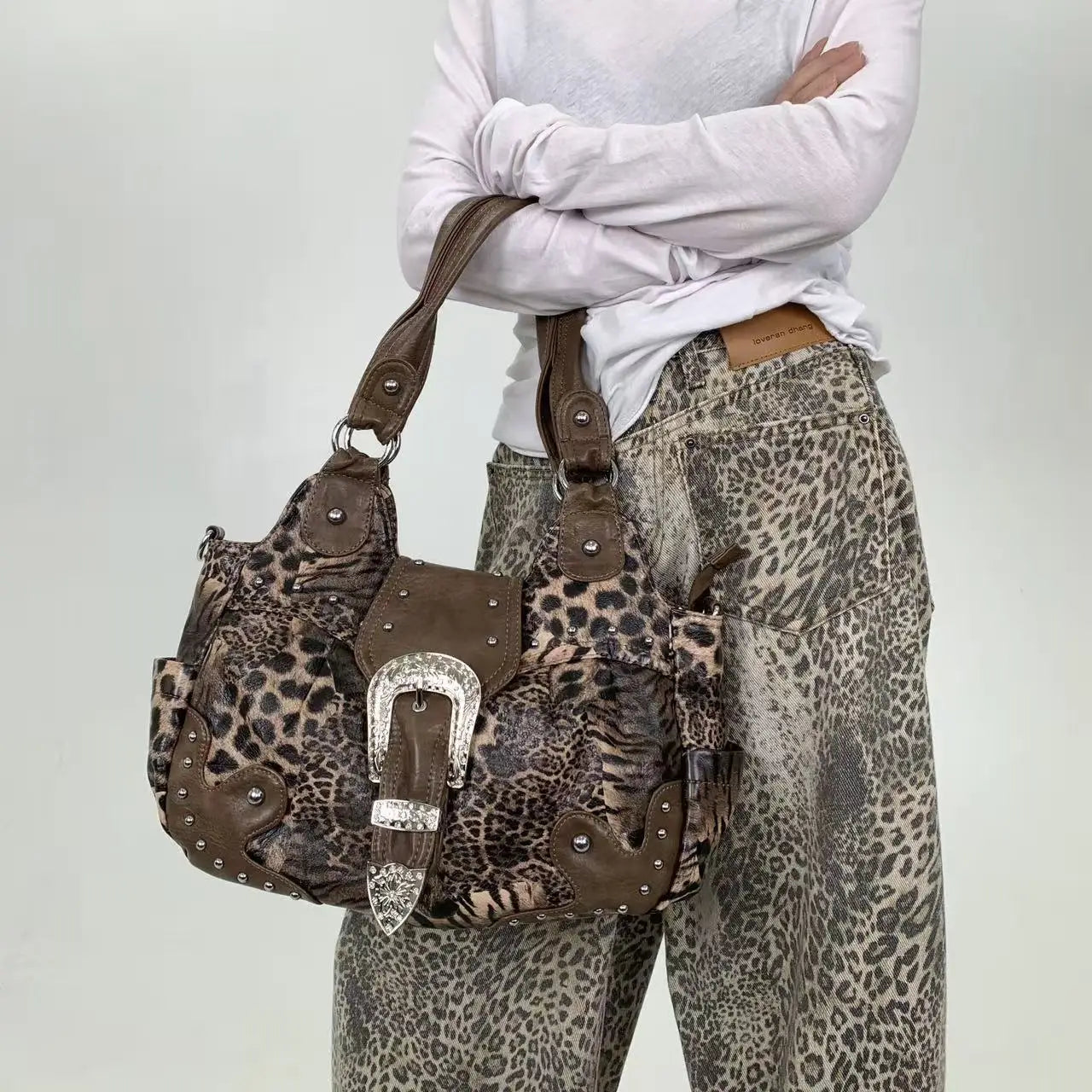 Leopard Print Patchwork Tote Bag with Pockets for Women