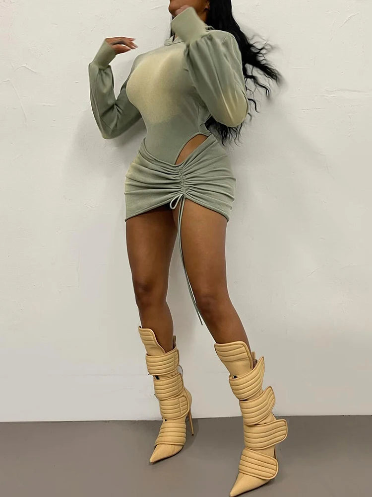 Sisterlinda Sexy Fashion 2 Piece Set Woman Tie-Dye Design Backless Hooded Bodysuits+Shirring Ruched Skirts Midnight Club Outfits