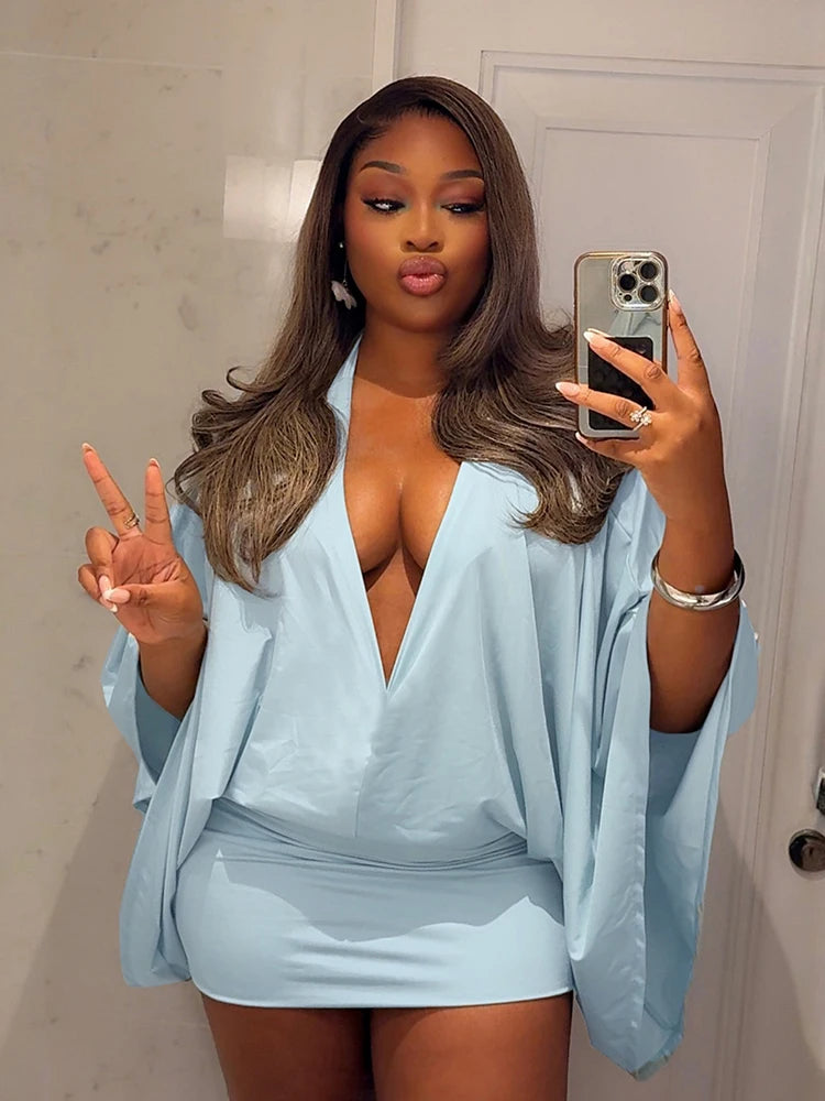 Chic Satin V Neck Bat Sleeve Elegant Mini Dress for Women