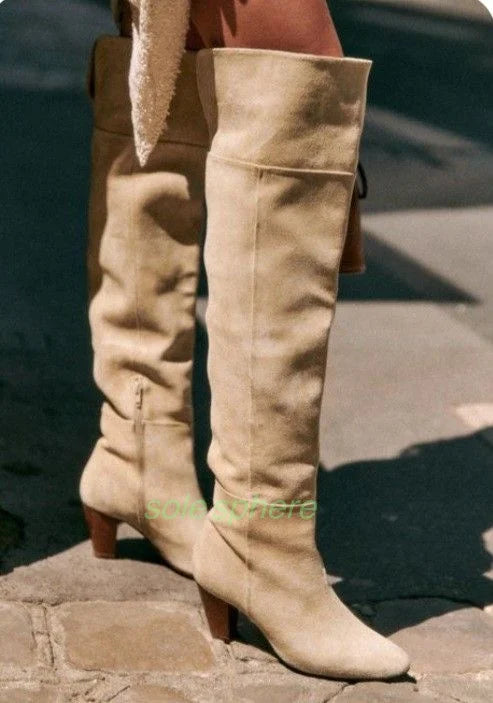 Green Suede Pointed Toe Chunky Heel Knee Boots for Women