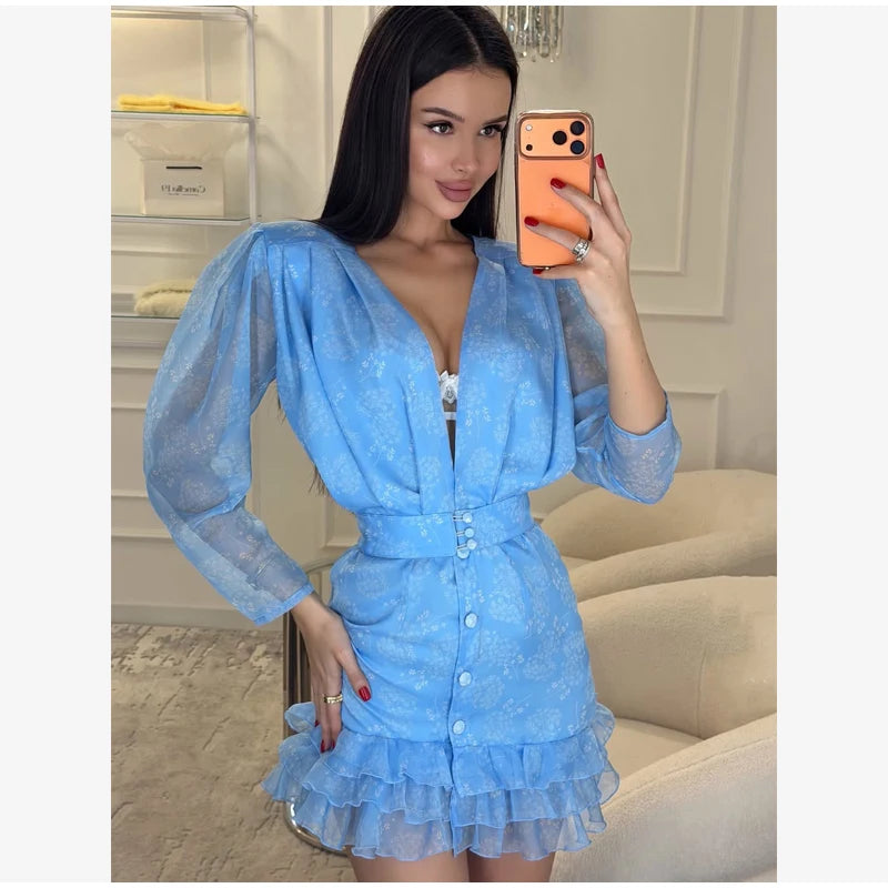 Floral Print Deep V Neck Ruffle Hem Mini Dress for Women