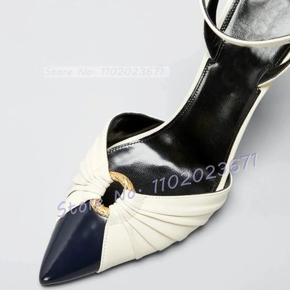 Pointy Metal Ring White Sandals Women Mixed Color Spike High Heels Elegant Work Shoes Office Lady 2023 Summer Bow knot Shoes