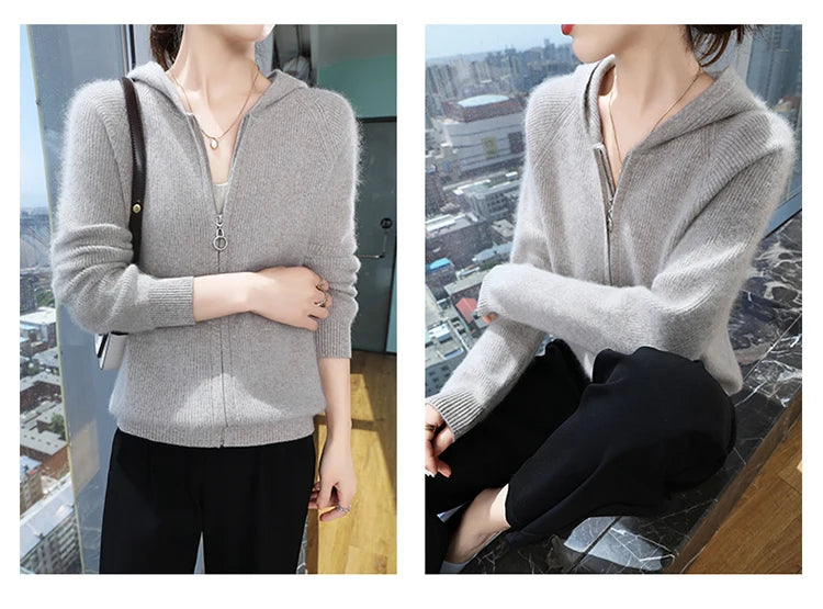 Loose Hooded Cashmere Knit Zipper Cardigan for Women