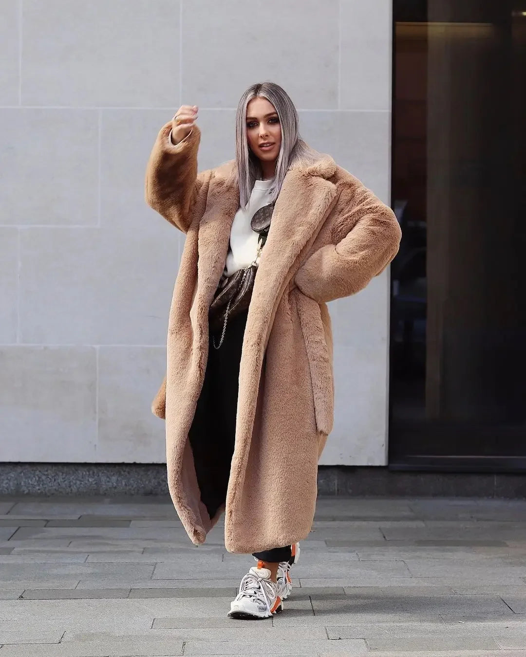 Long Belted Faux Fur Winter Coat