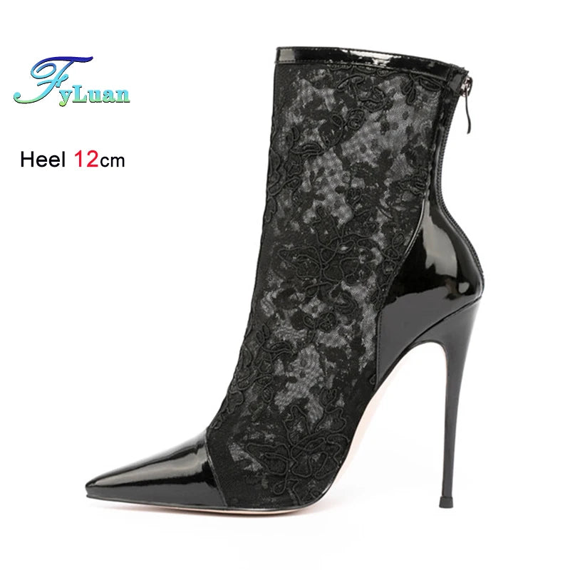 Elegant Black Mesh Stiletto Ankle Boots With Pointy Toe Rear Zipper For Women