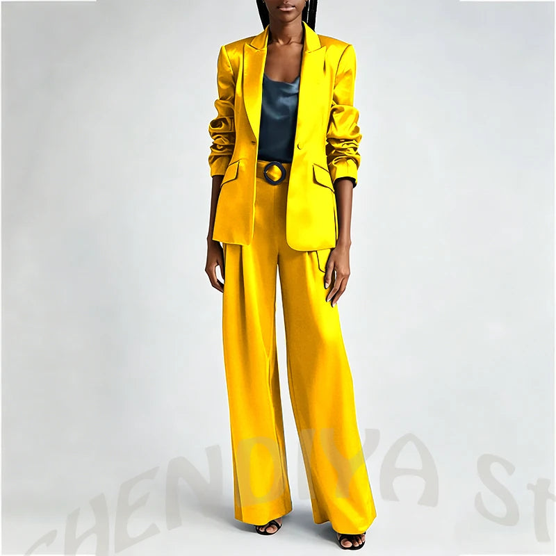 Women's Two Pieces Set Satin Peaked Lapel Elegant Fashion Single Button Straight Professional Tailor-Made Jacket with Pants