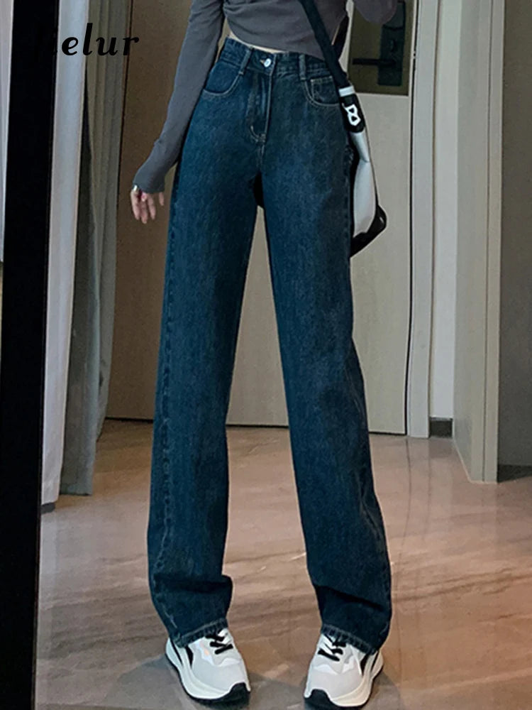 High Waist Casual Wide Leg Straight Jeans for Women