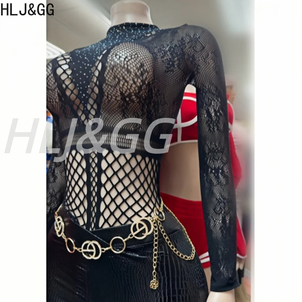 Sexy Rhinestone Mesh Two-Piece Bodysuit Set for Women