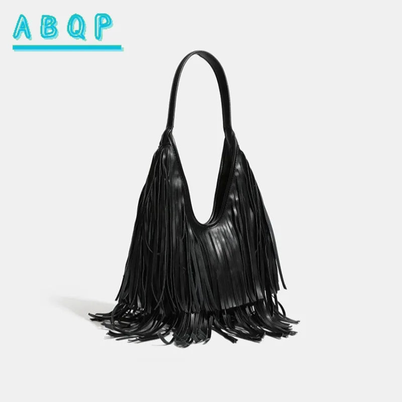 New Women's Shoulder Bag Solid Color Tassel Fashion Women's Shoulder Bag Large Capacity Retro Casual Women's Bag High Quality