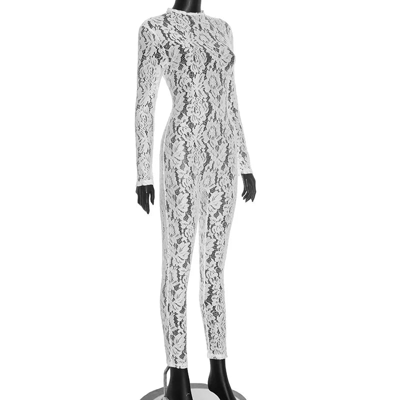 Elegant Sheer Lace Long Sleeve Skinny Jumpsuit for Women