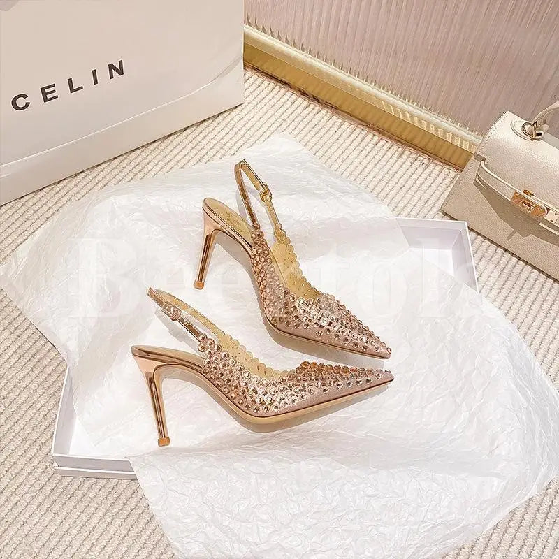 New Rhinestones Woman Sandals Diamond Pointed Toe Shallow Thin High Heels Back Strap Stilettos Female Wedding Bride Sandals