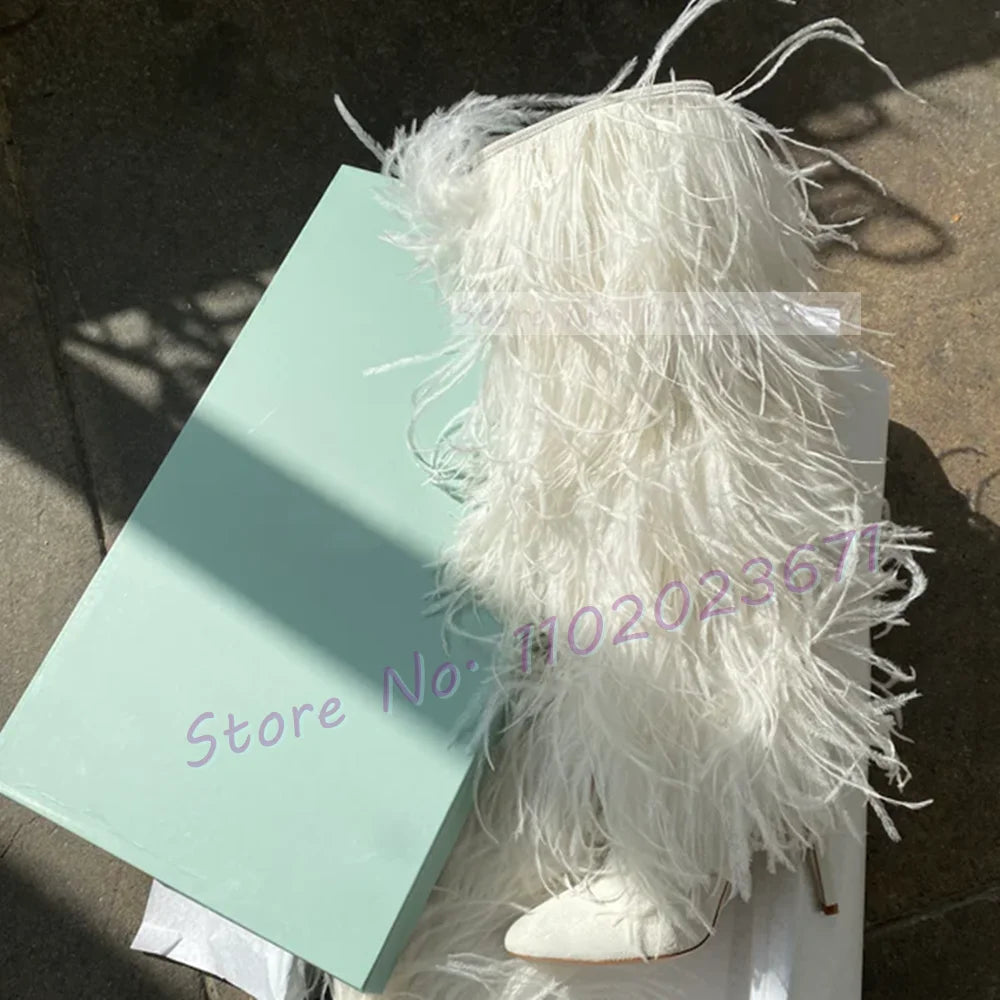 White Feather Pointed Toe Suede Side Zip Boots for Women