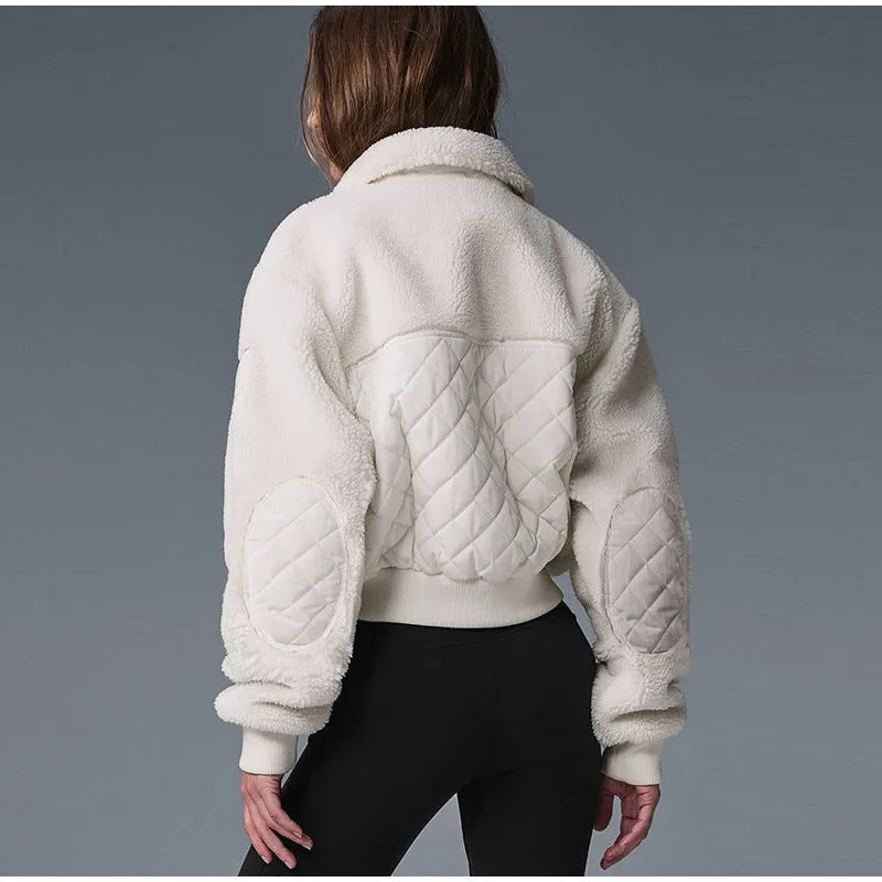 Elegant Lamb Women's Coat Vintage Stand Collar Thicken Full Sleeve Pockets Jacket Female 2025 Autumn Winter Woman Coats Outwears