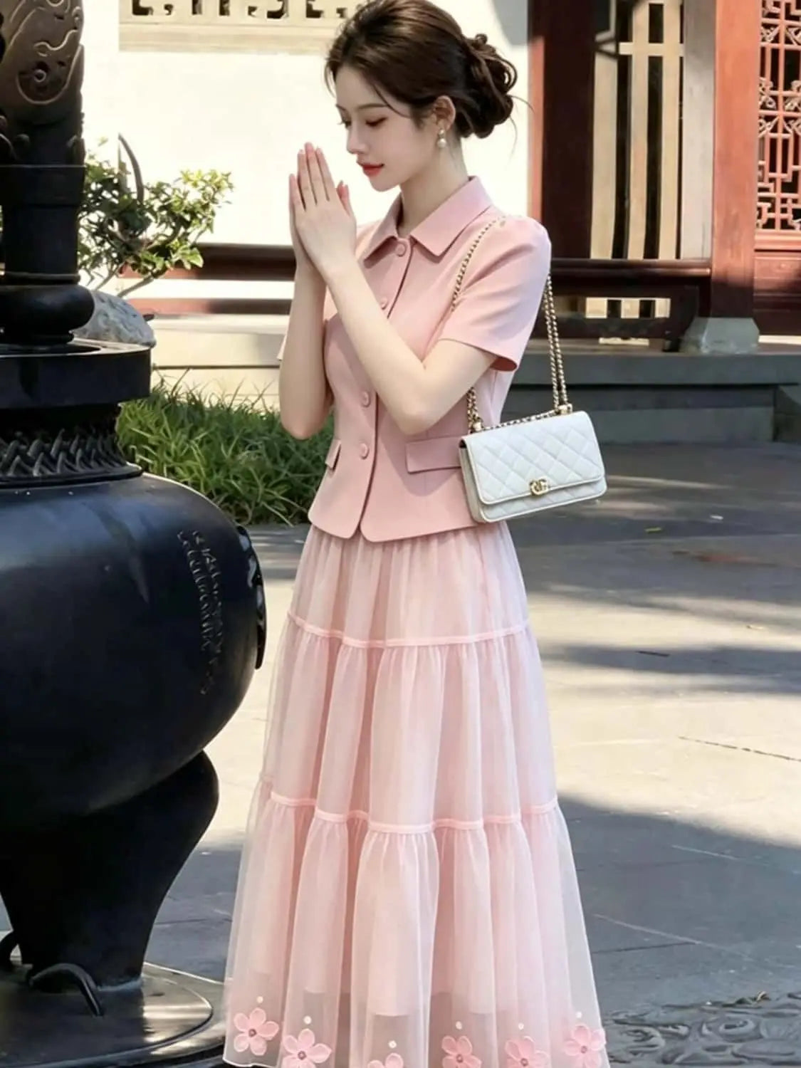 Elegant Pink Two Piece Blazer and Skirt Set for Women