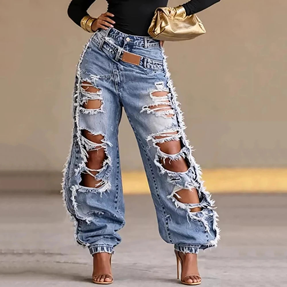Heavy Ripped Wide Leg Distressed Denim Jeans for Women