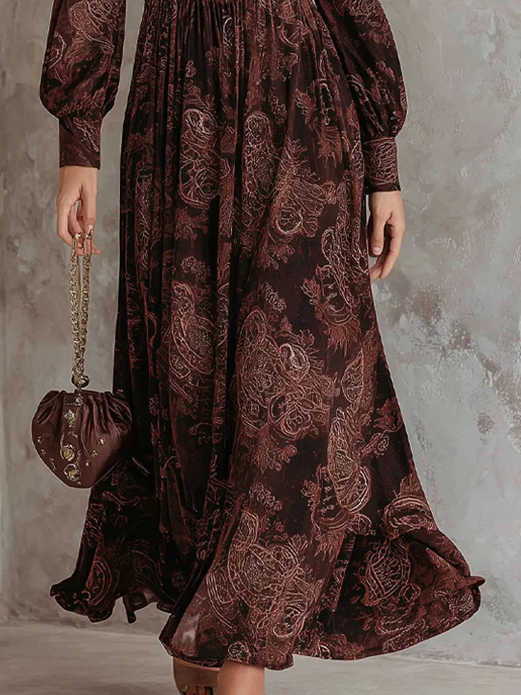 V Neck Printed Patchwork Long Sleeve Maxi Dress for Women