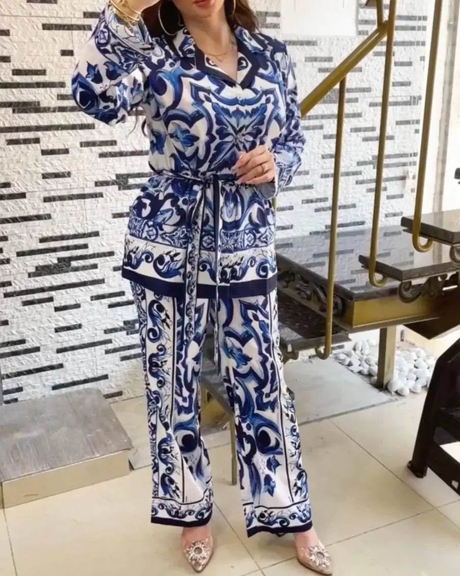 Casual Turn Down Collar Two Piece Pants Set for Women