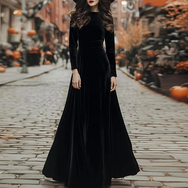 Elegant Velvet Long Sleeve A Line Maxi Dress for Women
