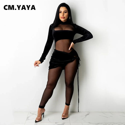 CM.YAYA Autumn Winter Women Long Sleeve Velvet Mesh Patchwork Jumpsuit Vintage Sexy Night Party Club One Piece Romper Playsuit
