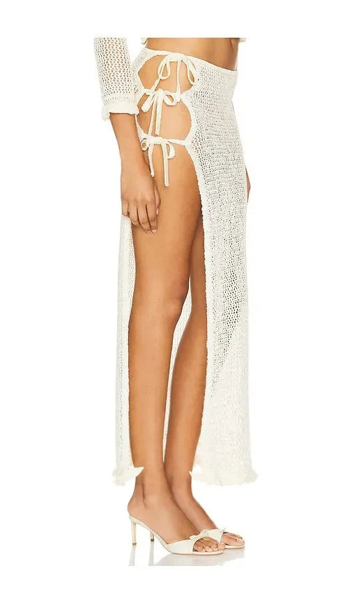Sexy Summer Knit Cut Out Beach Half Skirt Women Chic Side Slit Lace-up Casual Wrap Skirts 2025 Pool Party Swimsuit Cover Up K249
