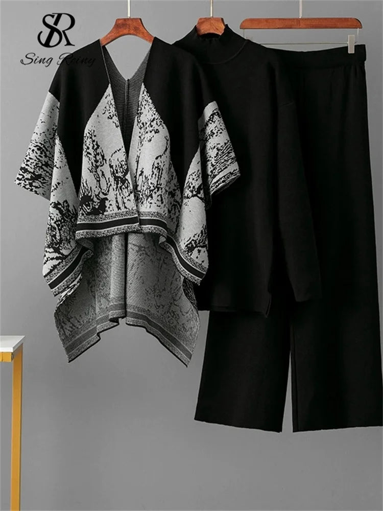 Loose Jacquard Knit Sweater and Wide Leg Pants Set for Women