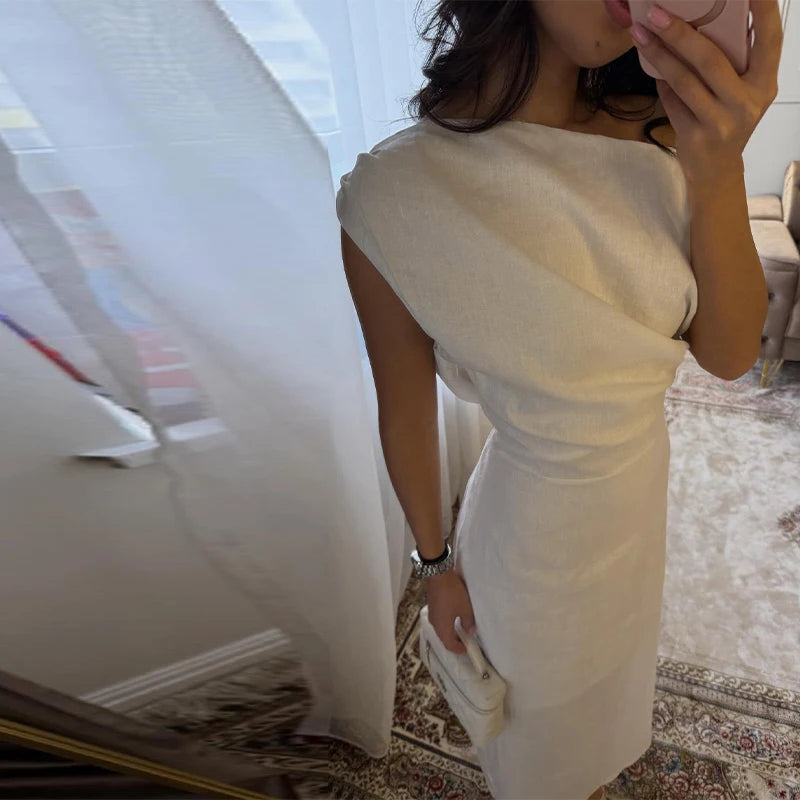 Elegant One Shoulder Side Split Ankle Length Dress for Women