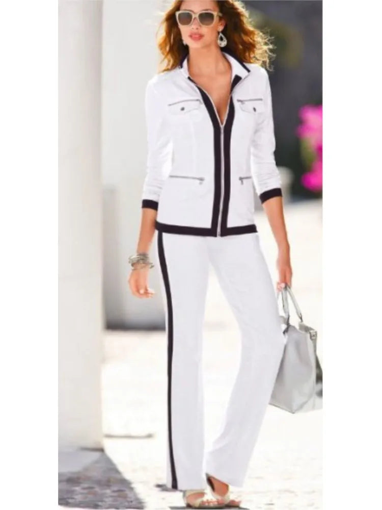 Casual Slim Fit Zipper Top And Sport Pants Set for Women